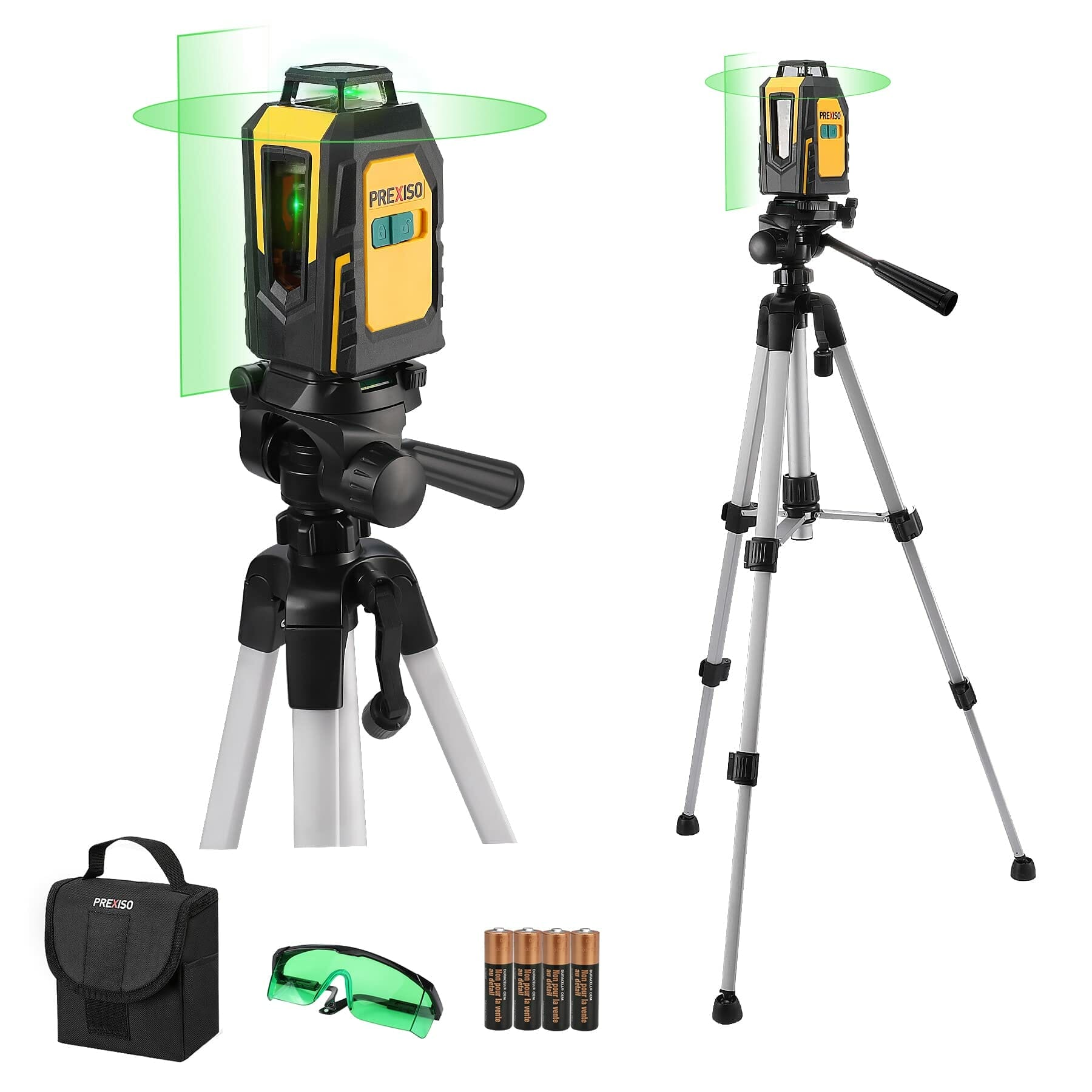 A PREXISO 360° Laser Level Review for construction with green line, tripod, and accessories.