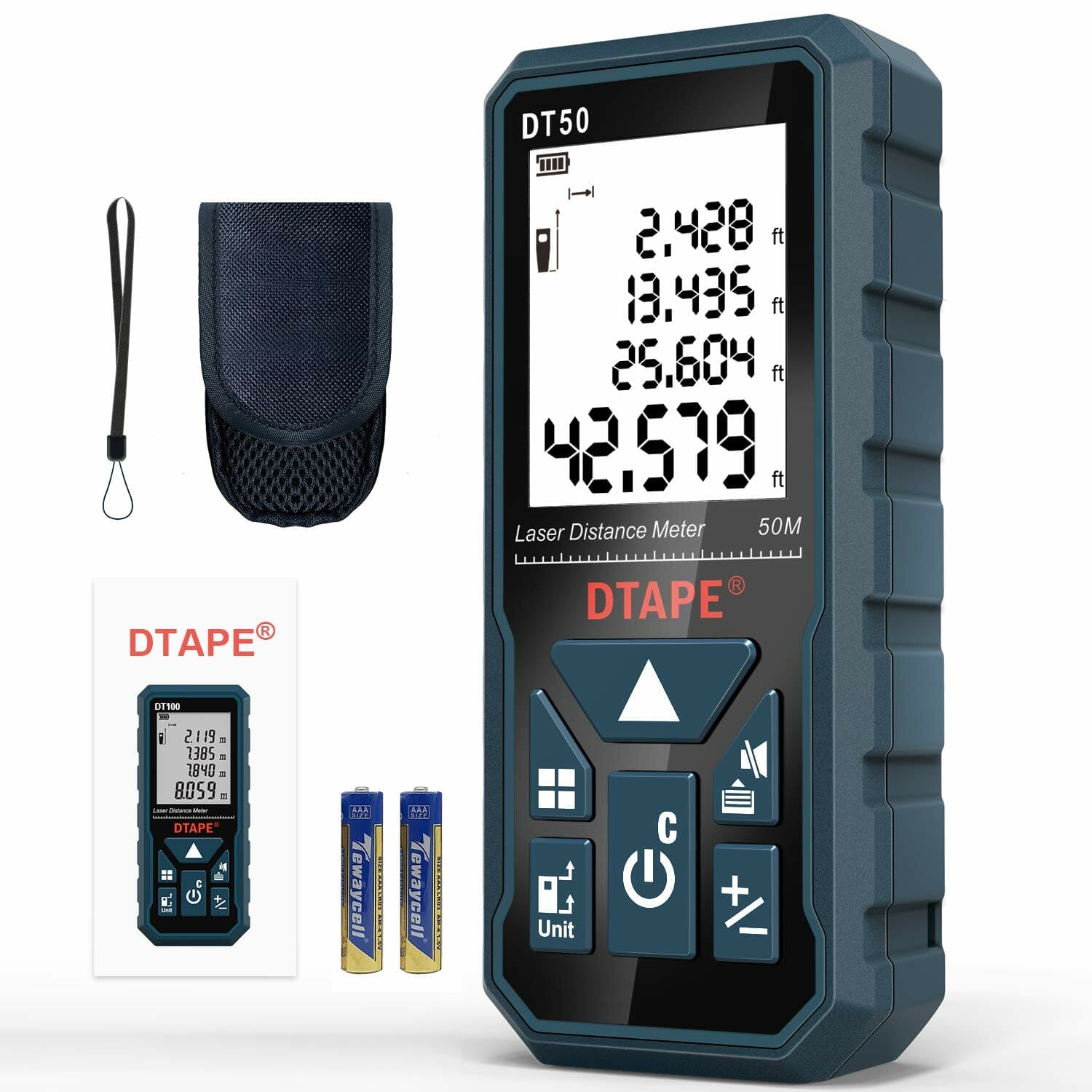 A compact DTAPE digital distance meter for accurate measurements, including batteries and essential accessories.
