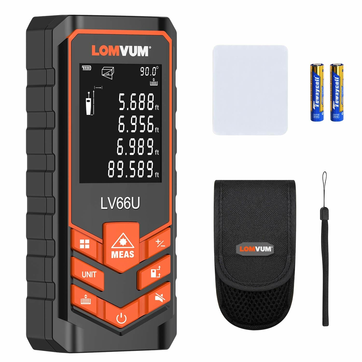 A LOMVUM Laser Measure Review showcasing a digital distance meter equipped with a battery and other accessories.